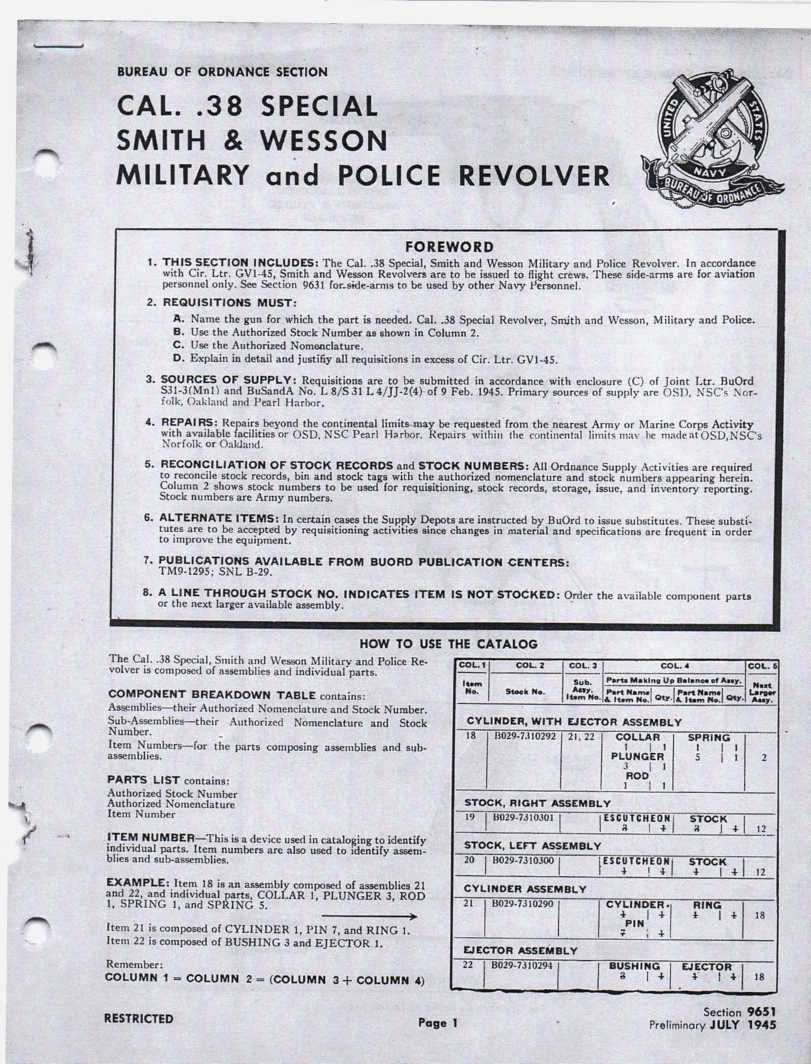 Image for Cal. .38 Special Smith and Wesson, Military and Police Revolver Catalog specification sheets of assemblies and parts